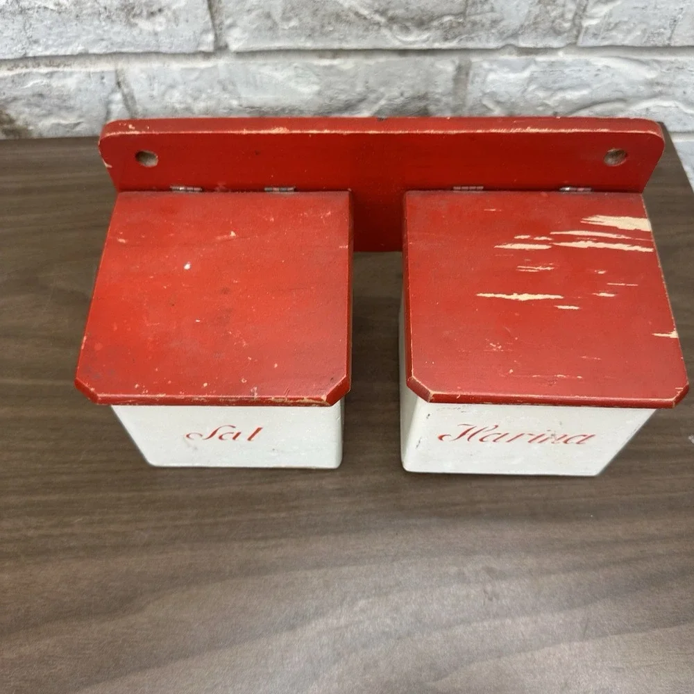 Vintage‎ red & white wall-mounted Wooden kitchen sal & harina containers Holder